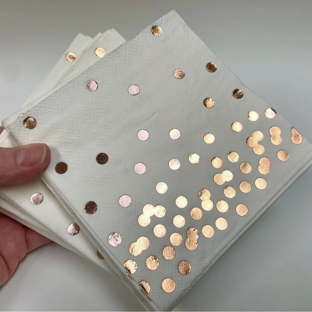Rose Gold Polka Dot Paper Plates and Napkins & Hooray Cake Topper, 75  7” plates